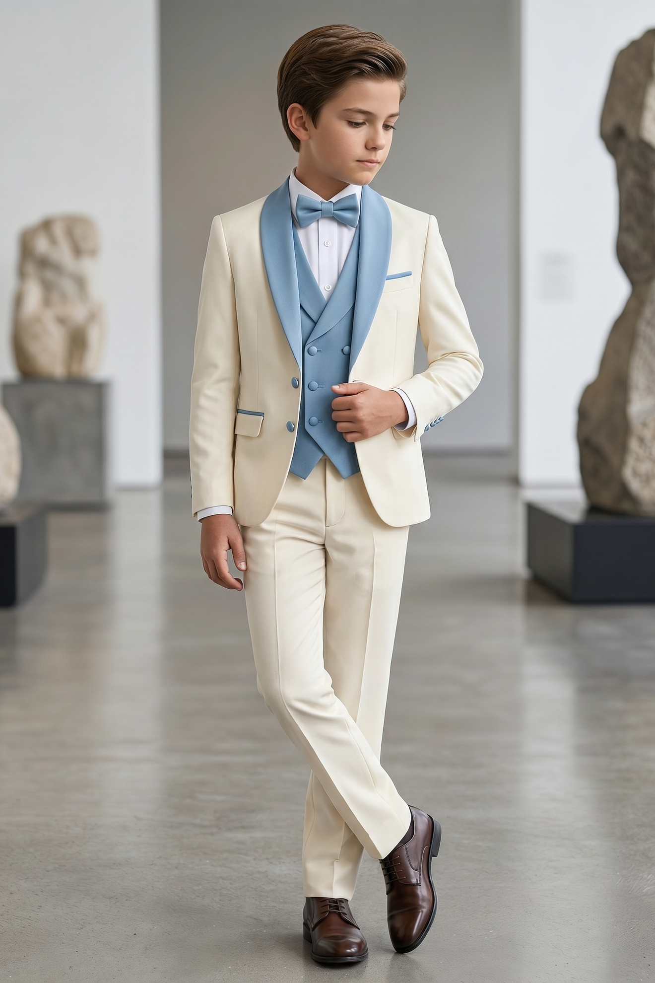 Light Apricot And Light Blue Color-Blocked 3-Piece Suit