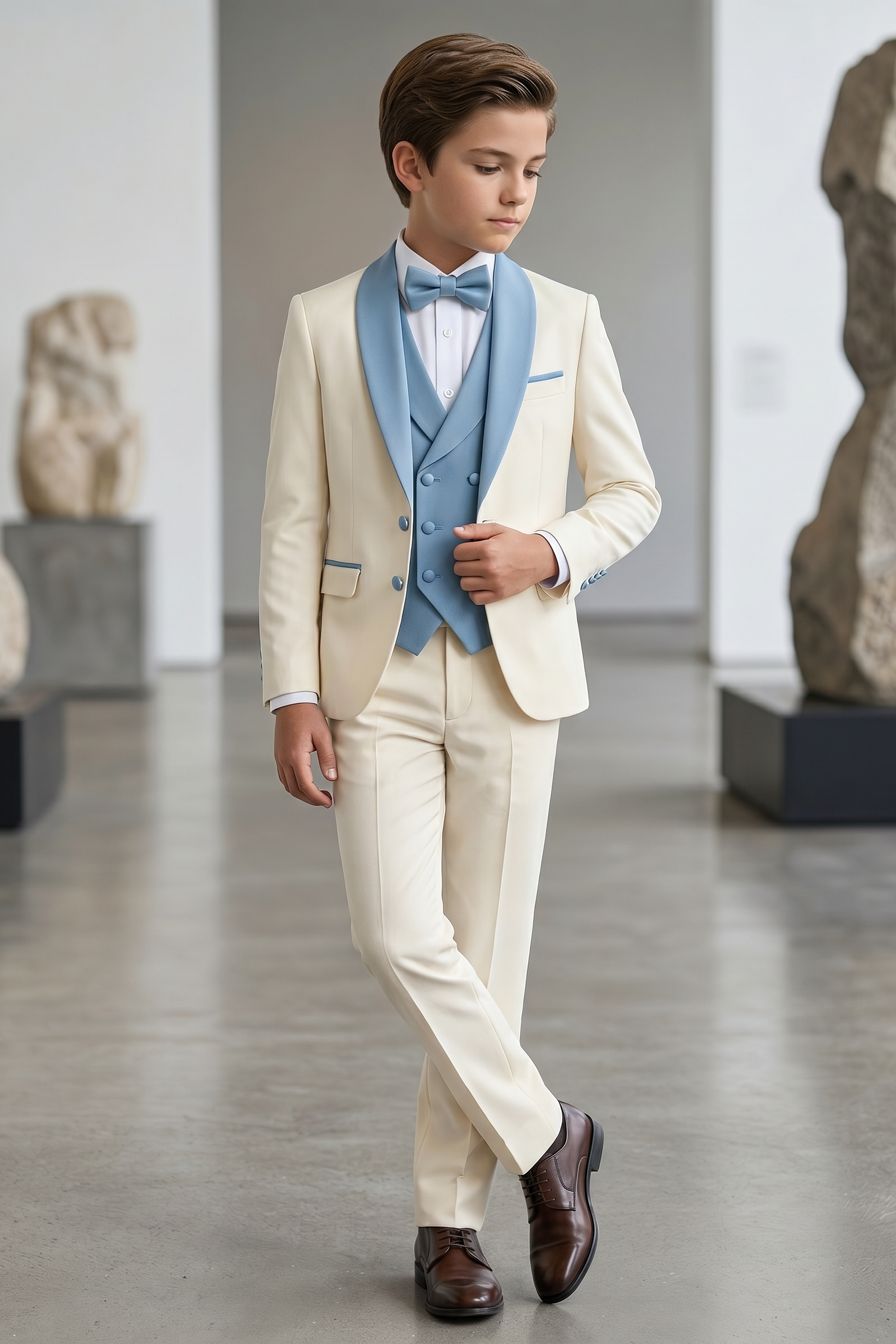 Light Apricot And Light Blue Color-Blocked 3-Piece Suit