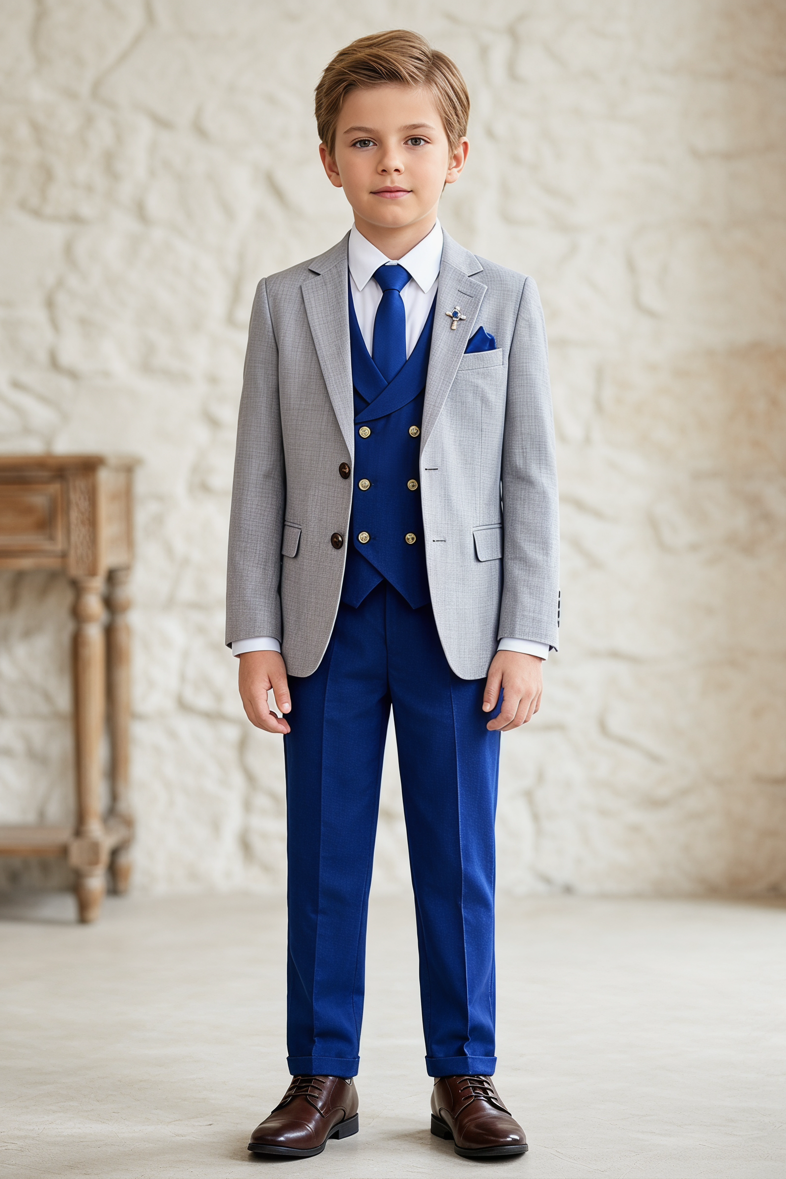 Light Gray And Dark Blue Cotton Linen 3-Piece Suit