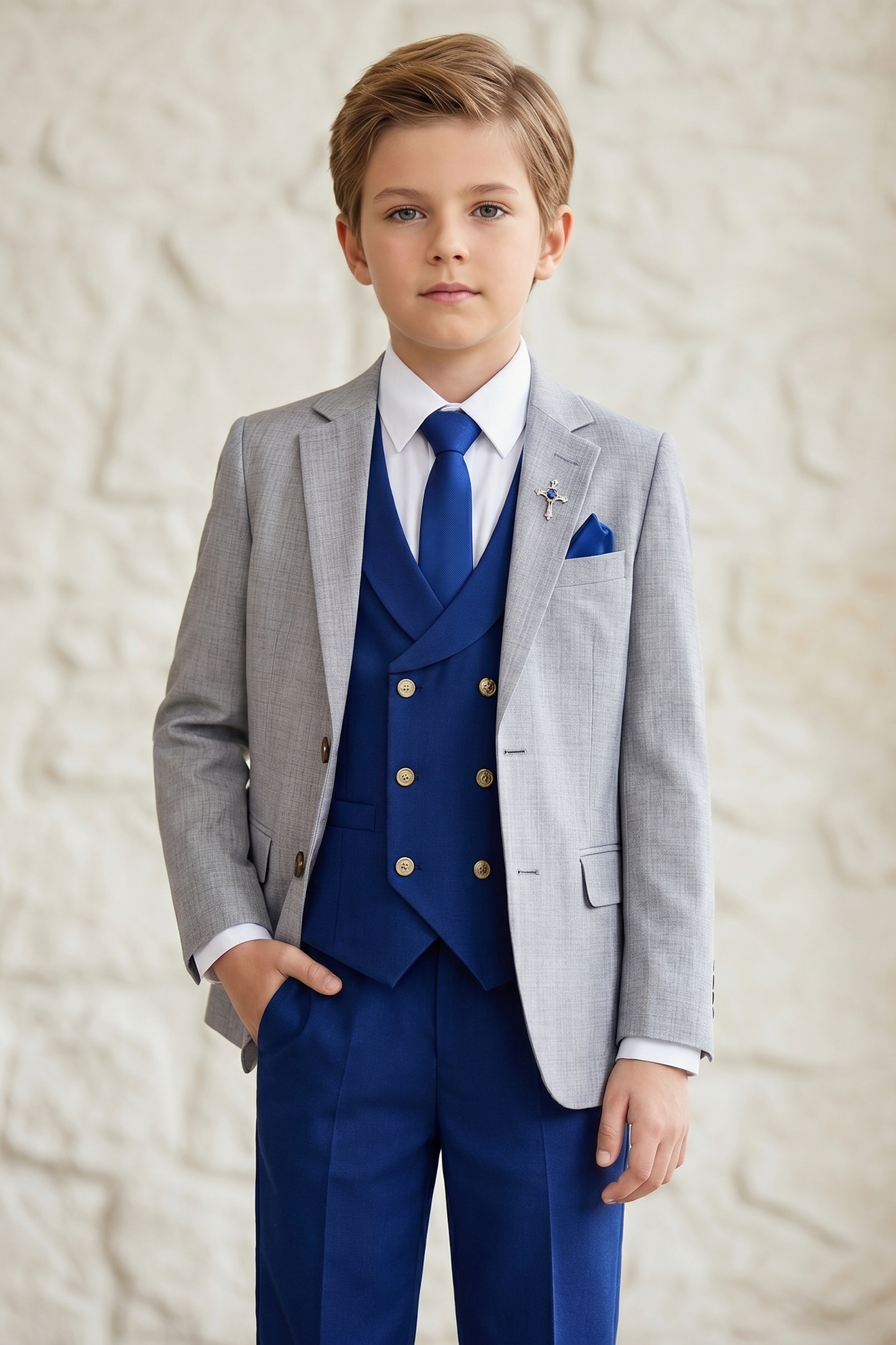 Light Gray And Dark Blue Cotton Linen 3-Piece Suit