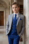Load image into Gallery viewer, Light Gray And Dark Blue Cotton Linen 3-Piece Suit
