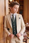 Load image into Gallery viewer, Light Khaki Plaid Dark Green Color Blocking 3-Piece Suit
