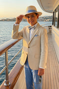 Cargar la imagen en la vista de la galería, Boys Beige Linen Blazer with Light Blue Trousers 2-Piece Suit
