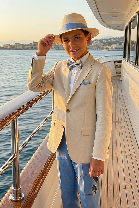 Boys Beige Linen Blazer with Light Blue Trousers 2-Piece Suit