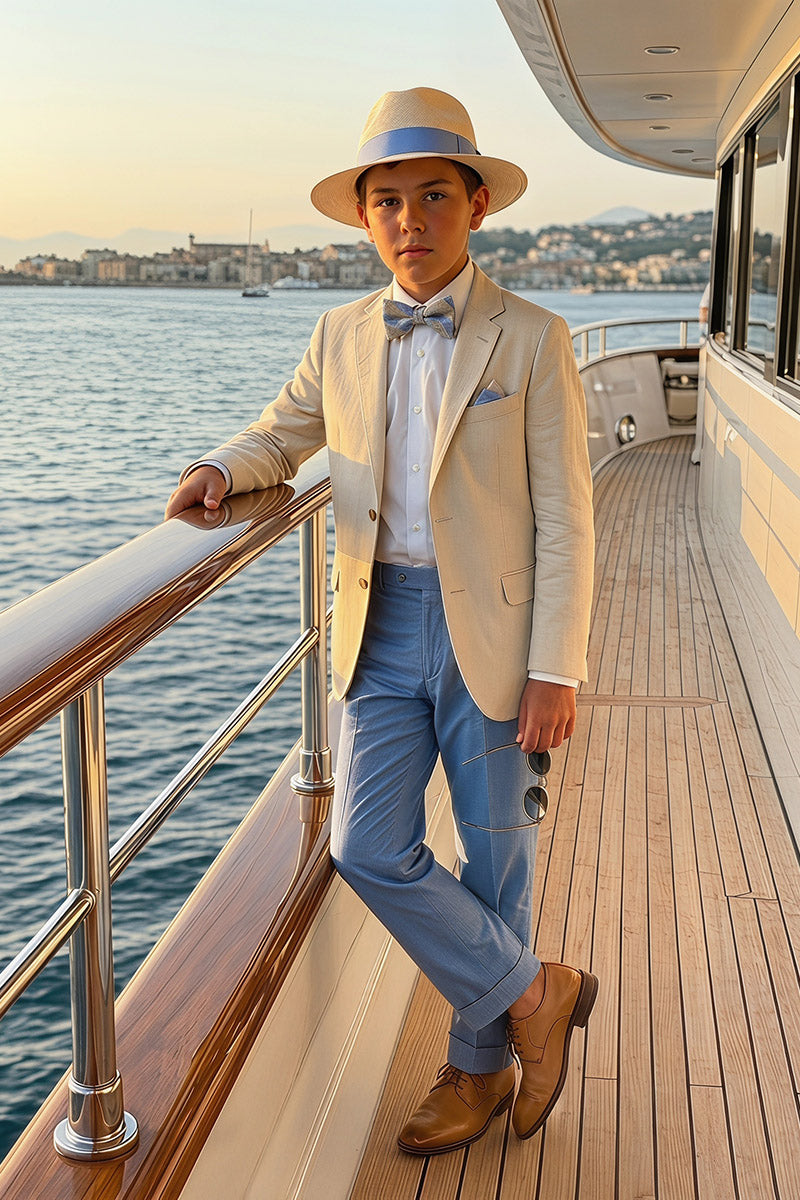 Boys Beige Linen Blazer with Light Blue Trousers 2-Piece Suit