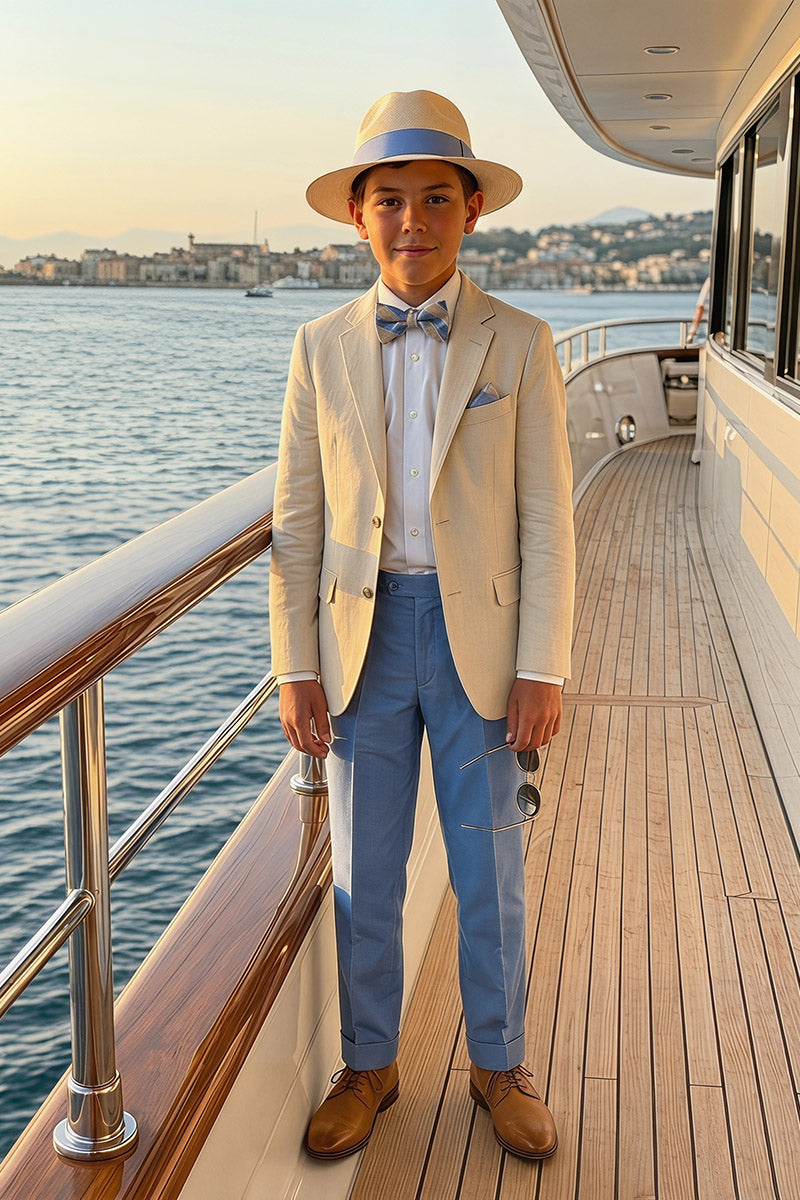 Boys Beige Linen Blazer with Light Blue Trousers 2-Piece Suit
