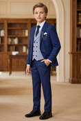 Cargar la imagen en la vista de la galería, Navy Blue Plaid Serge 3-Piece Suit
