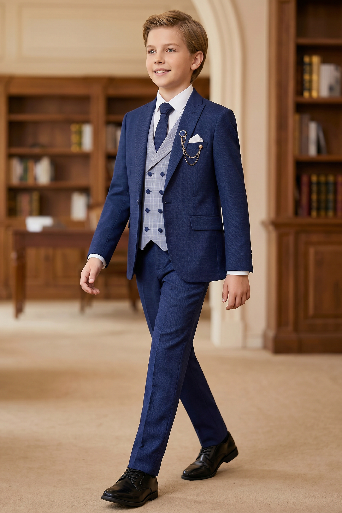 Navy Blue Plaid Serge 3-Piece Suit