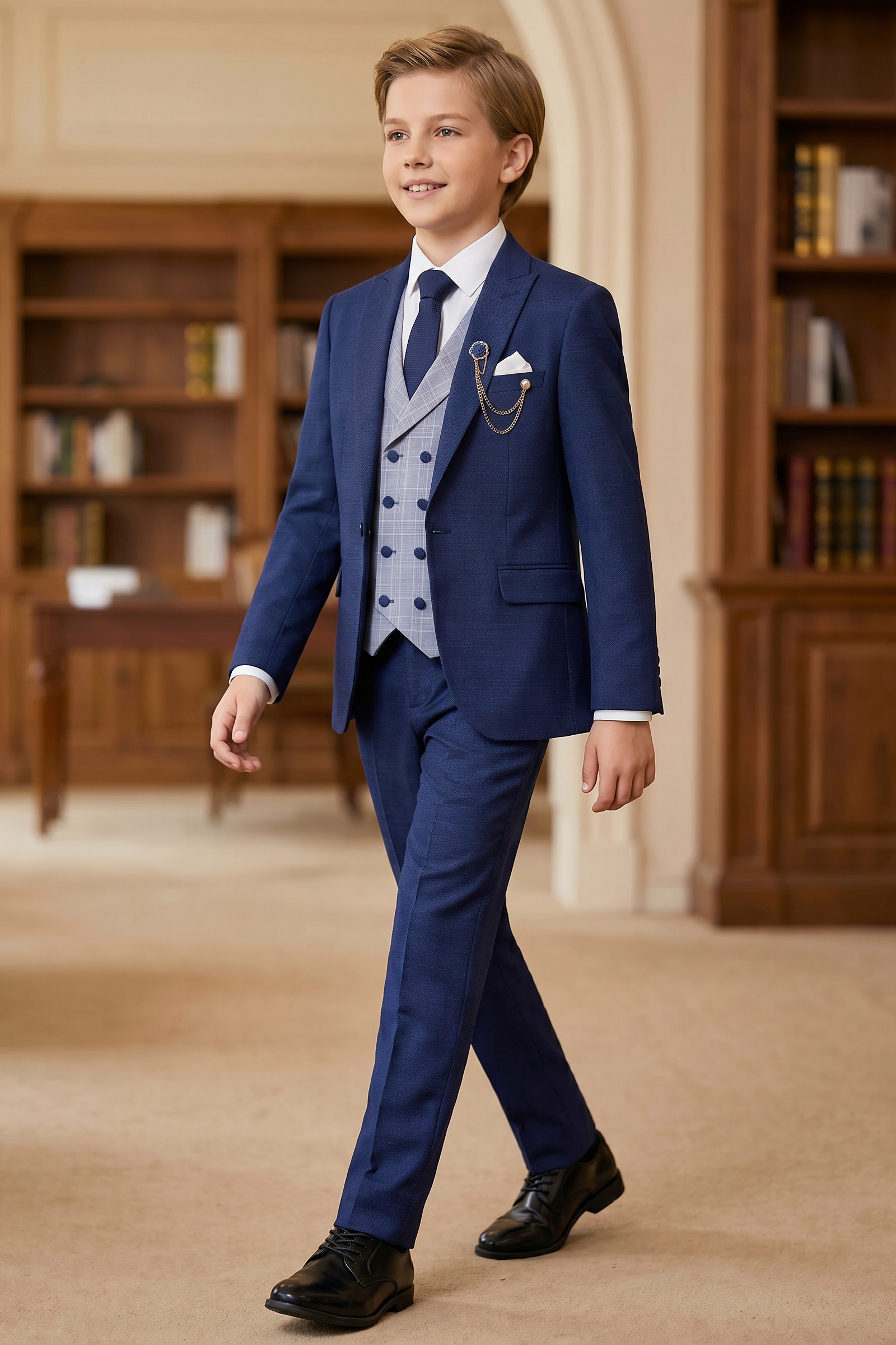 Navy Blue Plaid Serge 3-Piece Suit