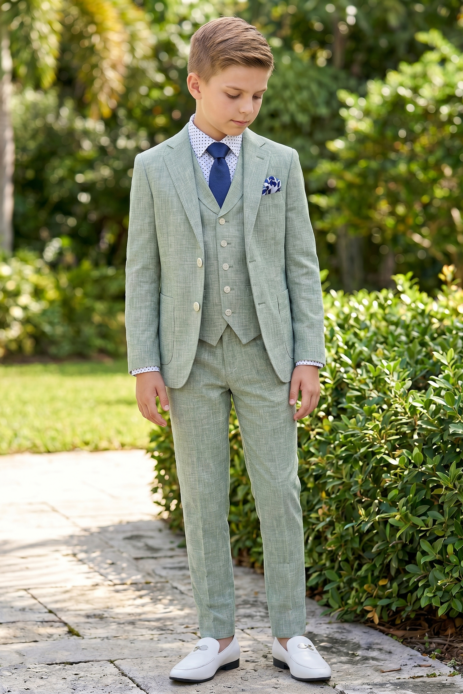 Matcha Green Cotton Linen Single-Breasted 3-Piece Suit