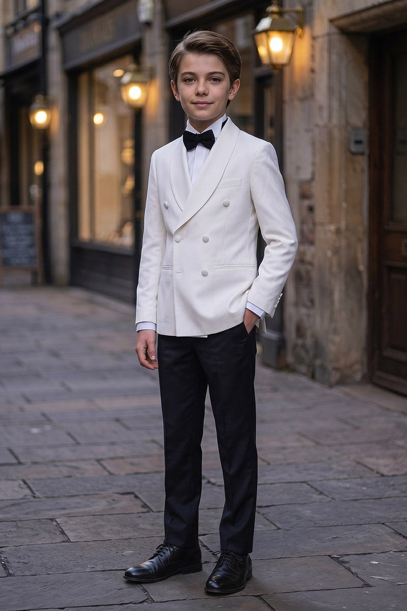 Boys White Double-Breasted Tuxedo with Black Trousers 2-Piece Suit