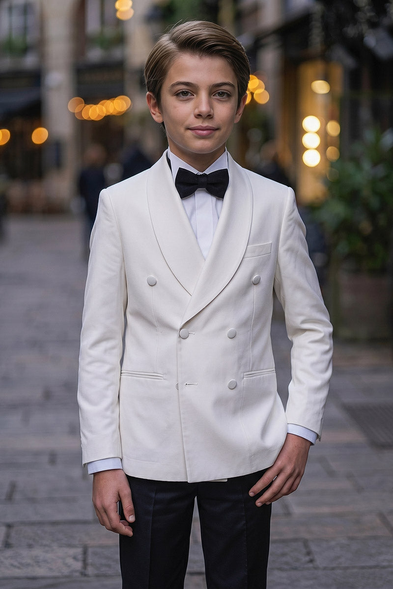 Boys White Double-Breasted Tuxedo with Black Trousers 2-Piece Suit