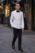 Load image into Gallery viewer, Boys White Double-Breasted Tuxedo with Black Trousers 2-Piece Suit
