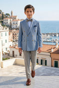 Load image into Gallery viewer, Boys Light Blue Double-Breasted Blazer with Grey Trousers 2-Piece Suit
