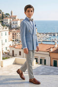 Load image into Gallery viewer, Boys Light Blue Double-Breasted Blazer with Grey Trousers 2-Piece Suit
