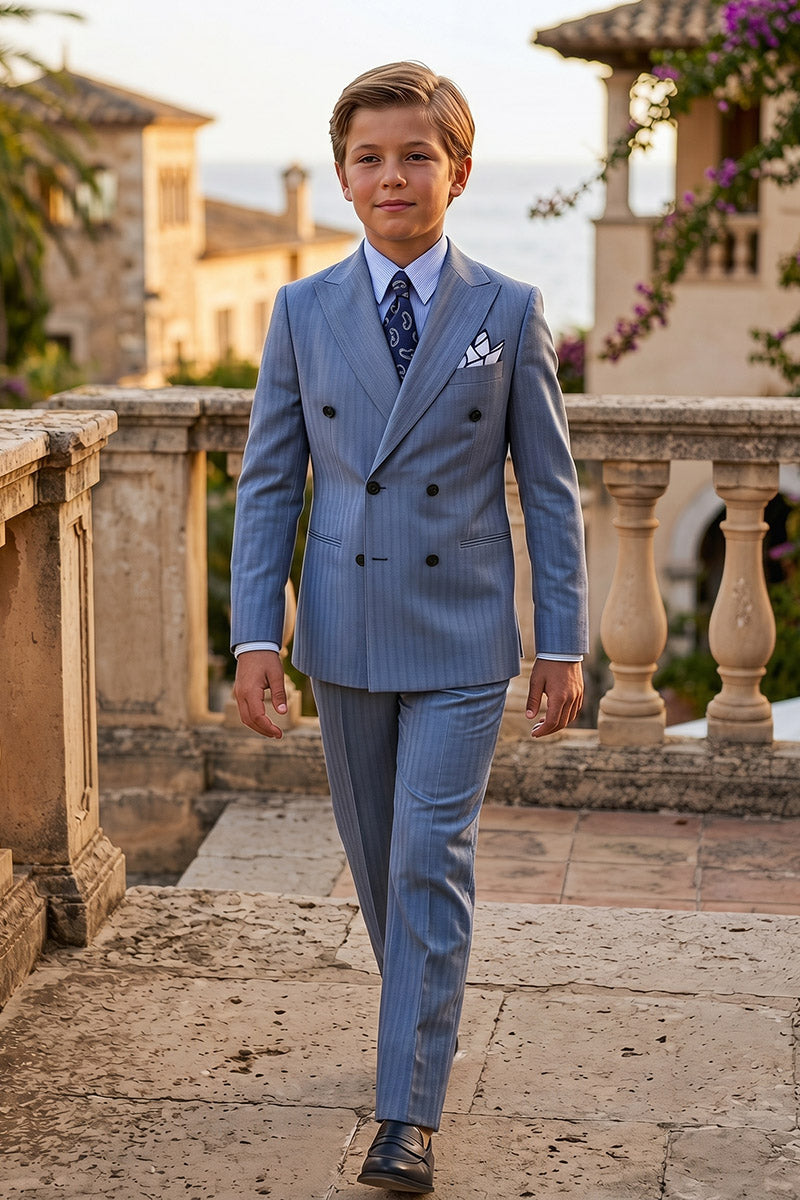Boys Light Blue Pinstripe Double-Breasted 2-Piece Suit