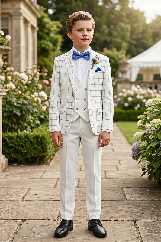 Boys White Windowpane Check 3-Piece Suit for Weddings & Formal Events