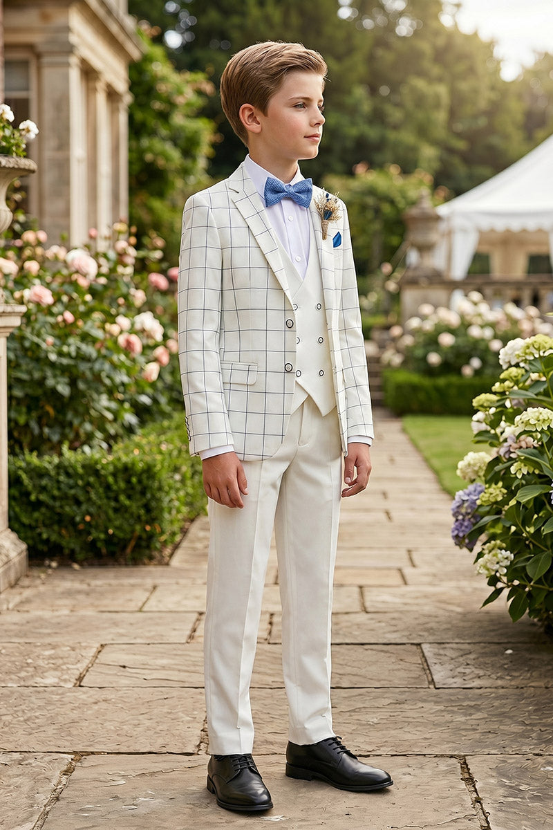 Boys White Windowpane Check 3-Piece Suit for Weddings & Formal Events