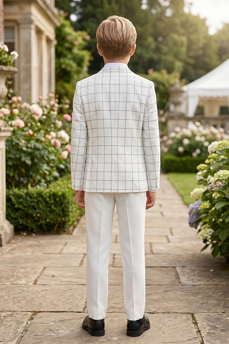 Boys White Windowpane Check 3-Piece Suit for Weddings & Formal Events
