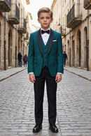 Boys Teal Shawl Lapel Tuxedo with Black Trousers 3-Piece Suit