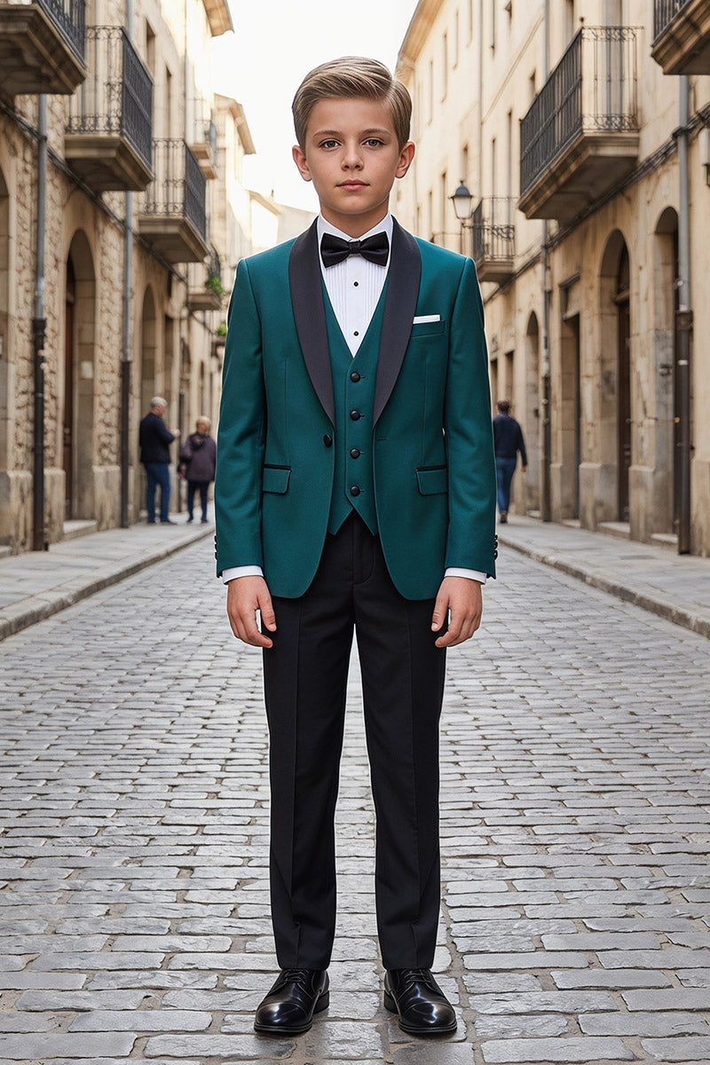 Boys Teal Shawl Lapel Tuxedo with Black Trousers 3-Piece Suit