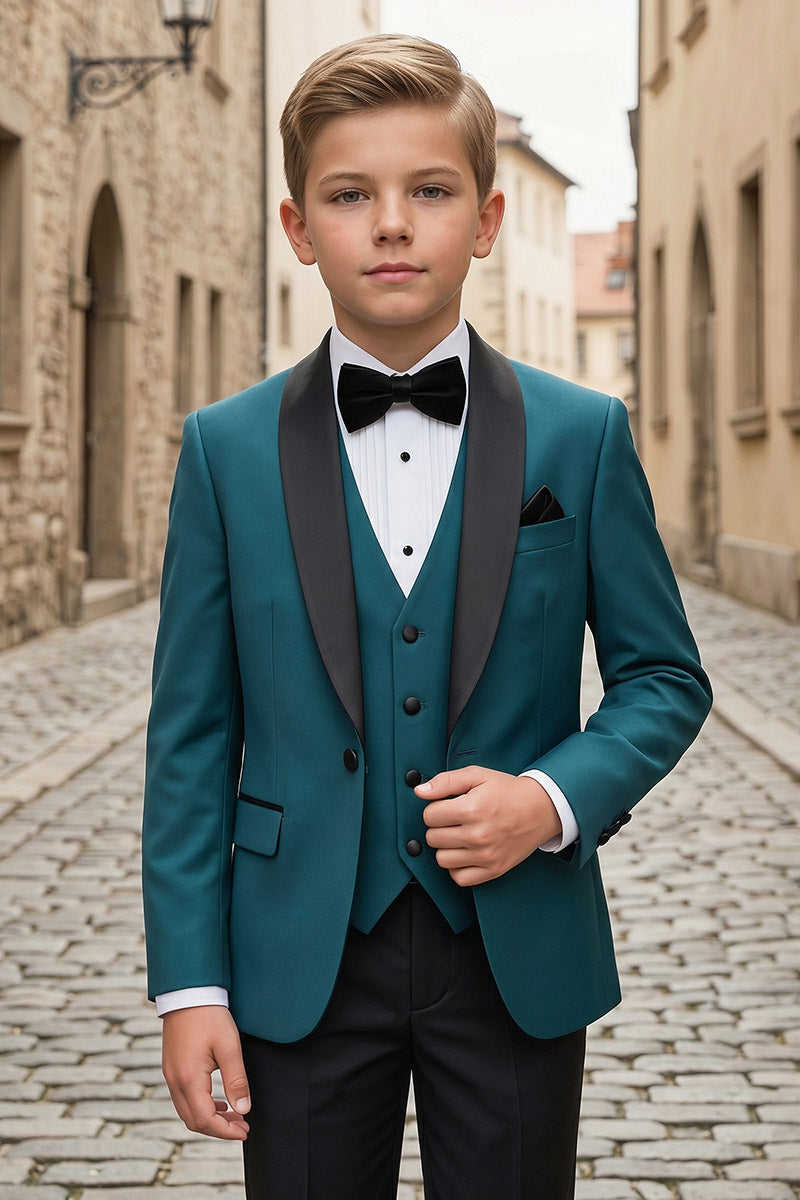 Boys Teal Shawl Lapel Tuxedo with Black Trousers 3-Piece Suit