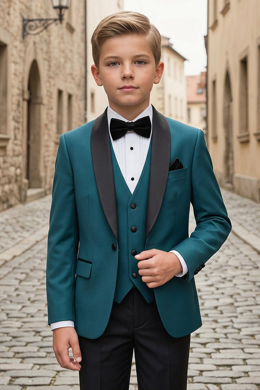 Boys Teal Shawl Lapel Tuxedo with Black Trousers 3-Piece Suit