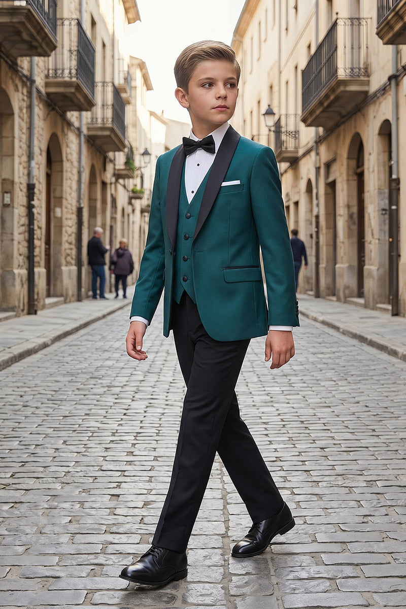 Boys Teal Shawl Lapel Tuxedo with Black Trousers 3-Piece Suit