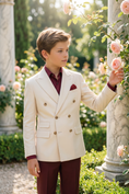 Load image into Gallery viewer, Beige And Dark Red Color-Blocked 2-Piece Suit
