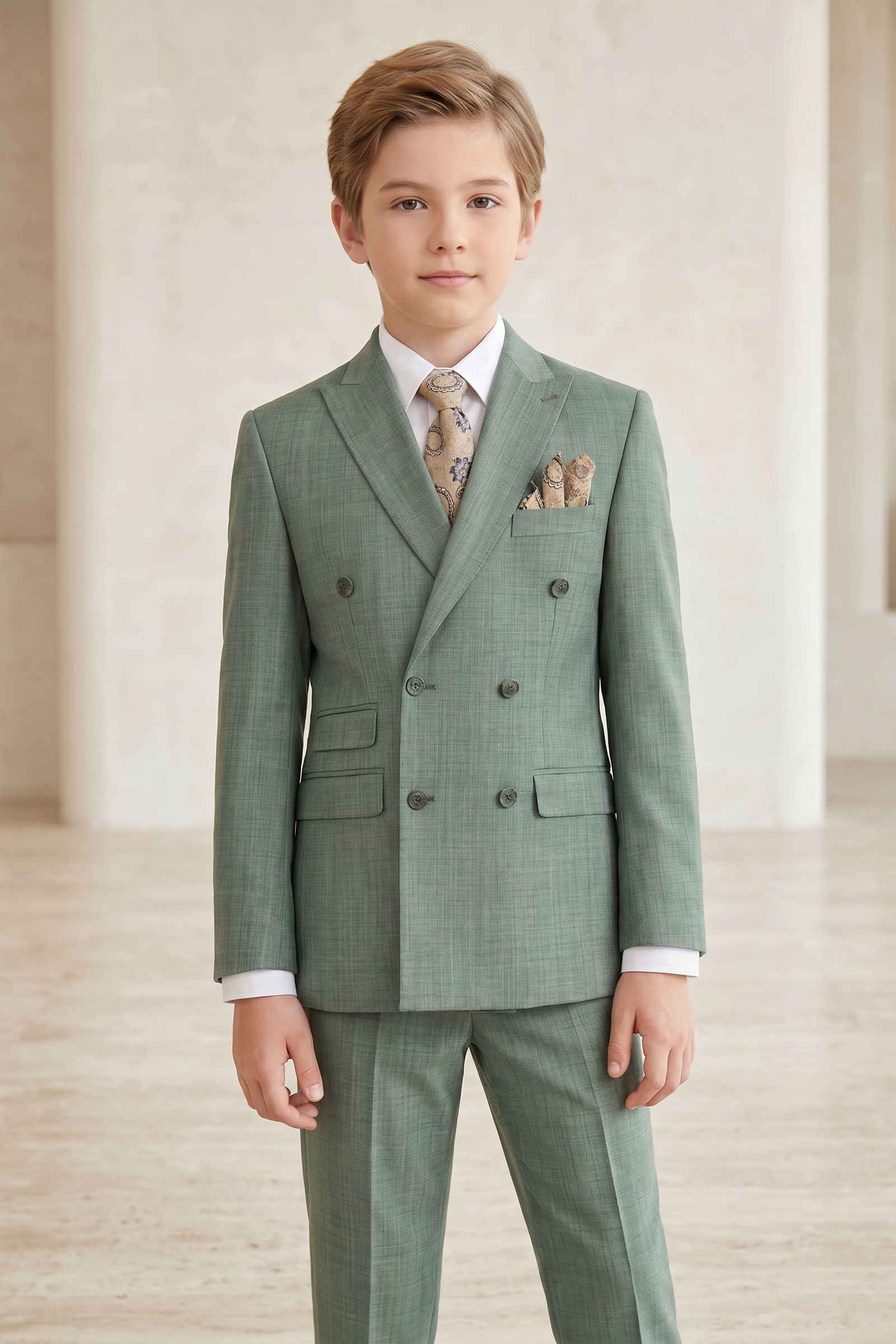 Gray-Green Cotton-Linen Double-Breasted 2-Piece Suit