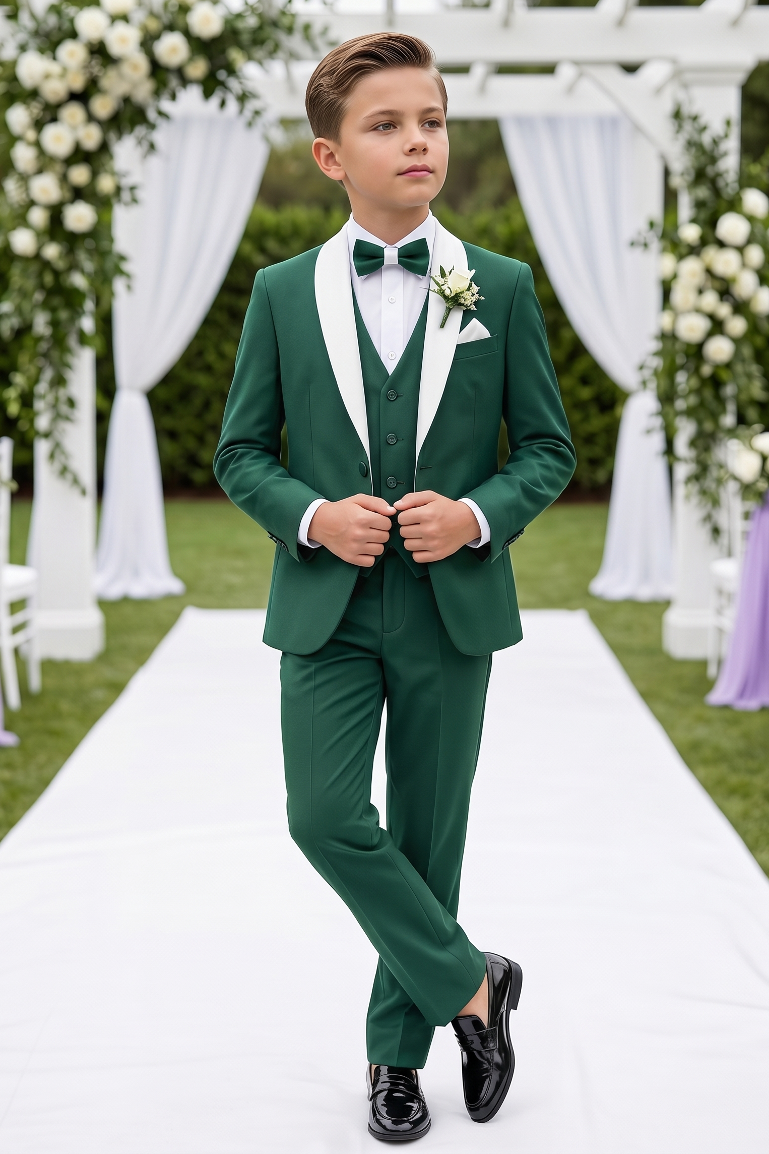 Deep Green And White Color-block Serge 3-Piece Suit