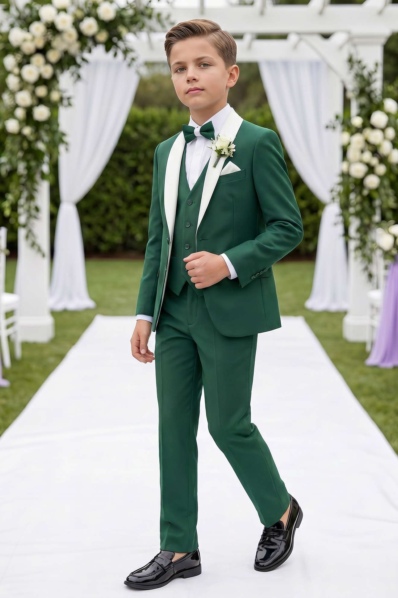 Deep Green And White Color-block Serge 3-Piece Suit