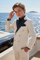 Beige And Navy Lapel Linen-Blend Double-Breasted 2-Piece Suit
