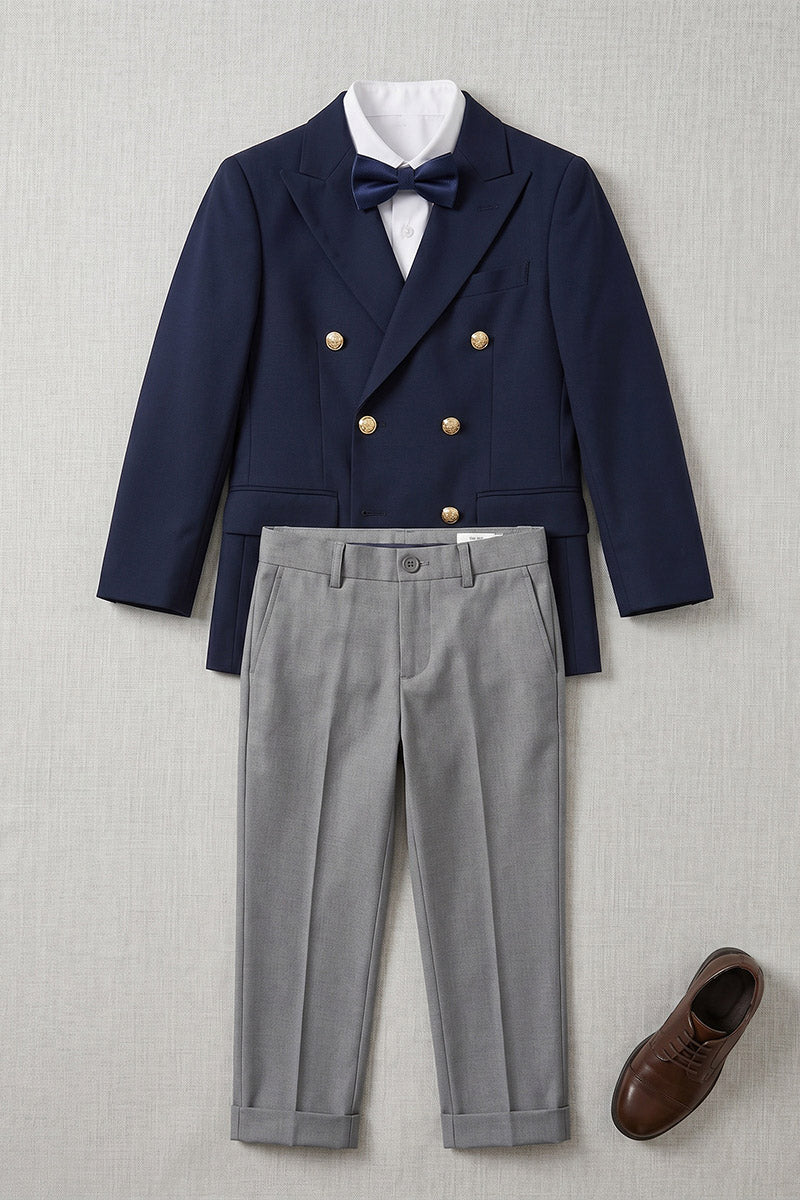 Boys Navy Double-Breasted Blazer with Grey Trousers  2-Piece Suit