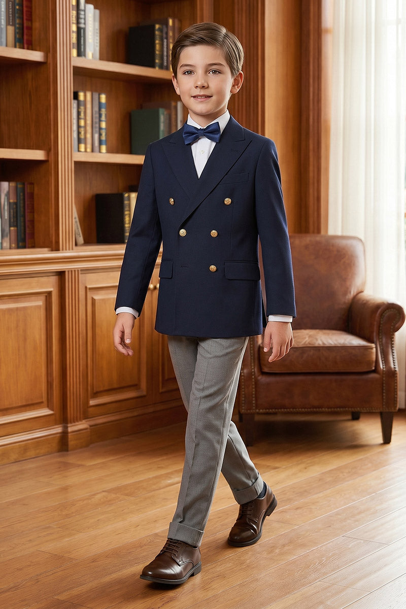 Boys Navy Double-Breasted Blazer with Grey Trousers  2-Piece Suit