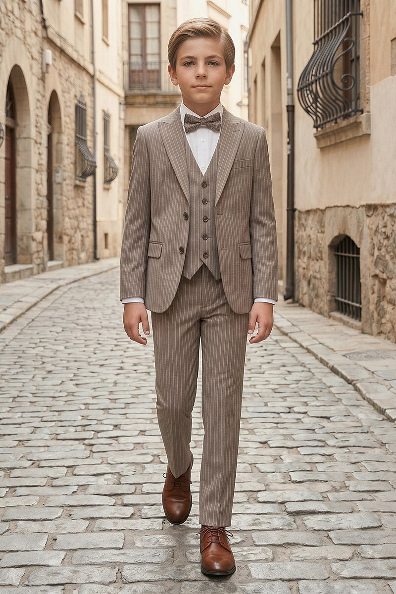 Boys Brown Pinstripe 3-Piece Suit for Weddings & Formal Events