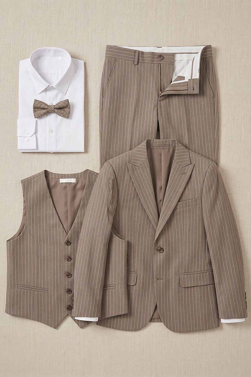 Boys Brown Pinstripe 3-Piece Suit for Weddings & Formal Events