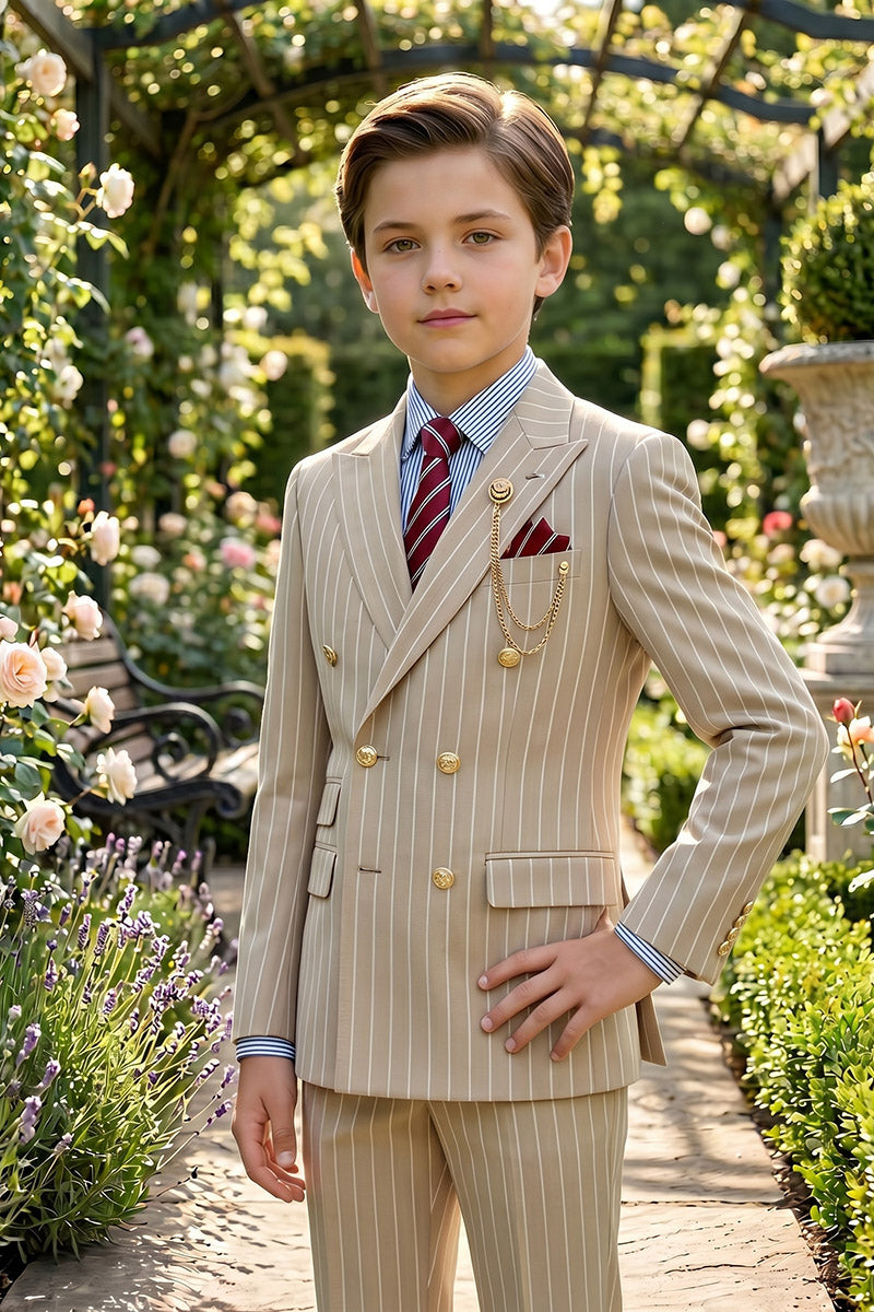 Boys Beige Pinstripe Double-Breasted 2-Piece Suit