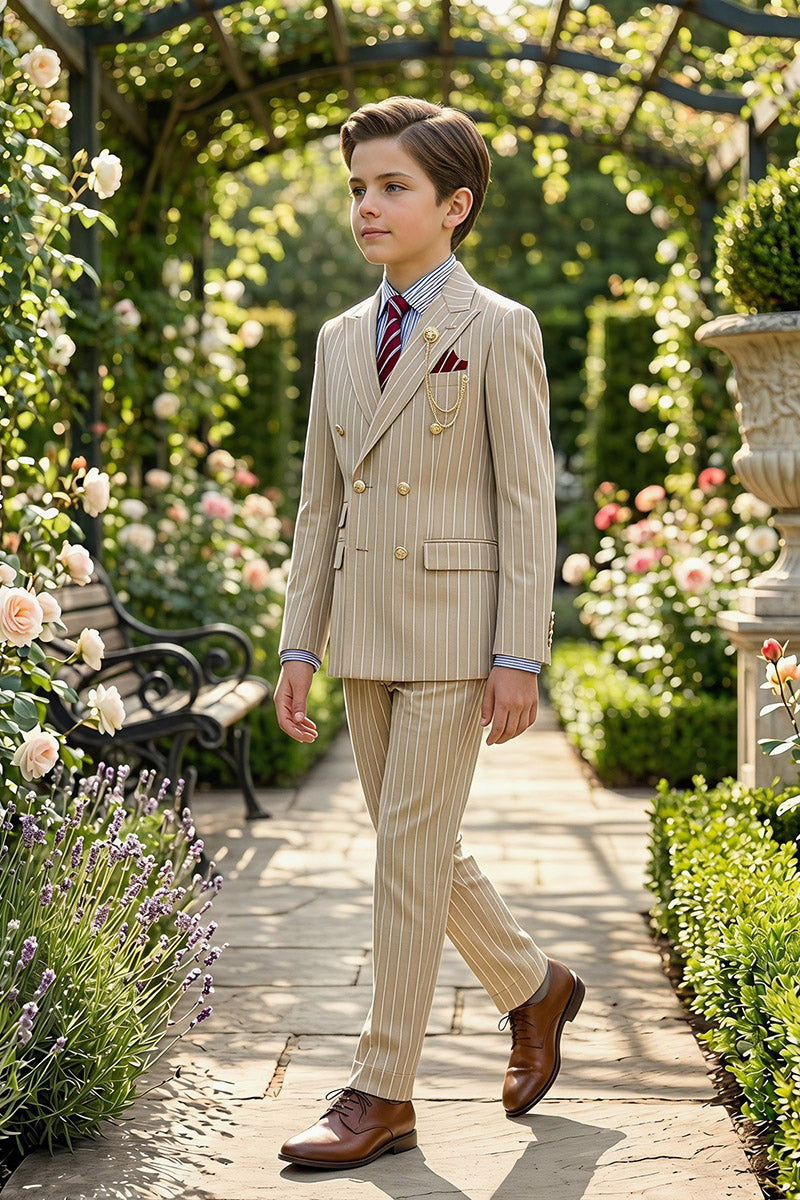 Boys Beige Pinstripe Double-Breasted 2-Piece Suit