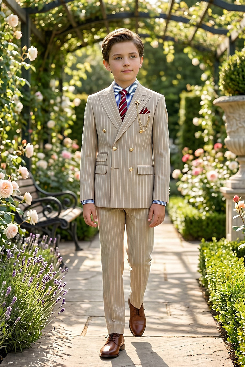 Boys Beige Pinstripe Double-Breasted 2-Piece Suit