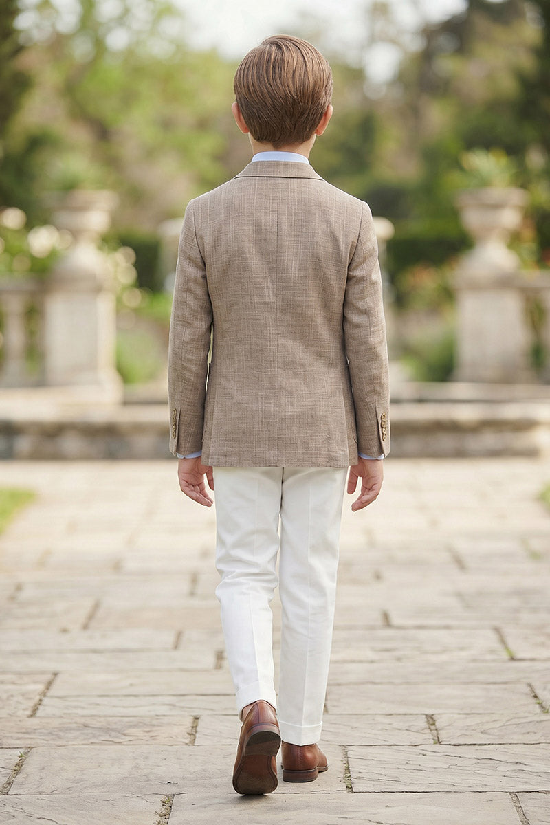 Boys Brown Linen-Blend Blazer with White Trousers 2-Piece Suit