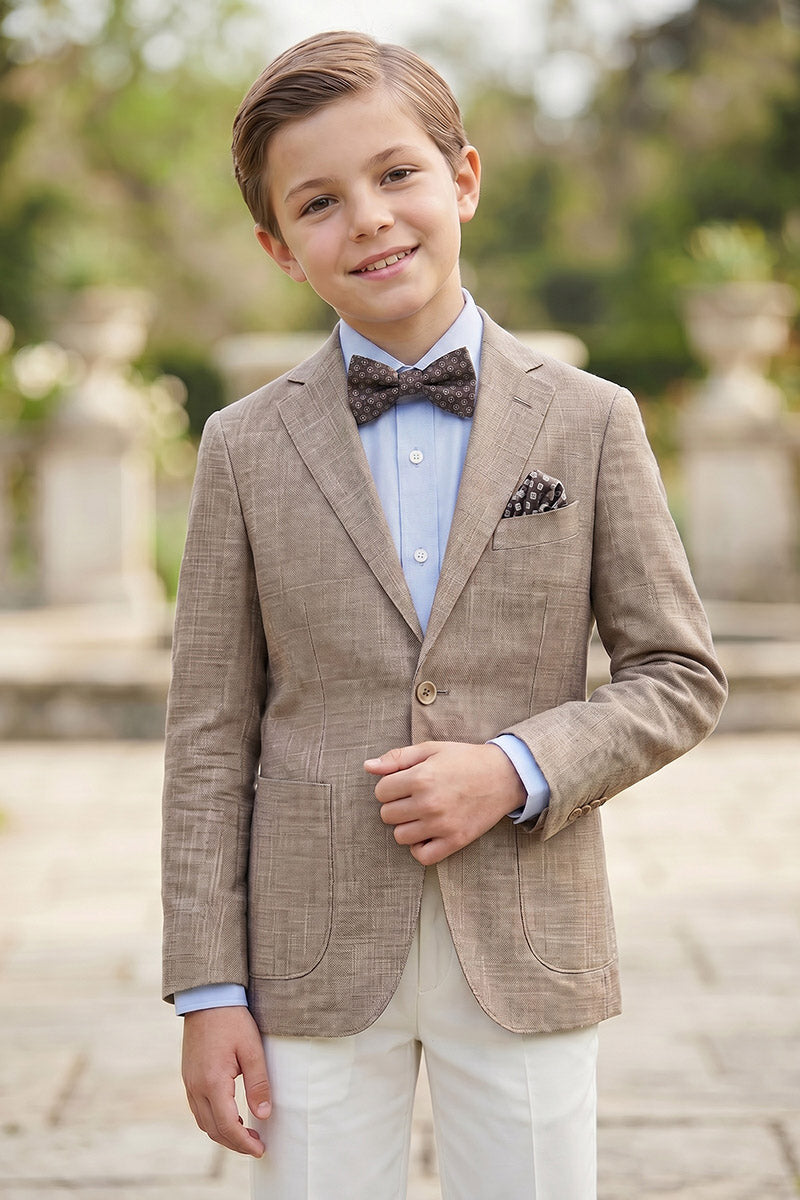 Boys Brown Linen-Blend Blazer with White Trousers 2-Piece Suit