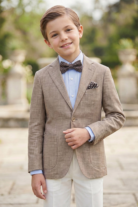 Boys Brown Linen-Blend Blazer with White Trousers 2-Piece Suit