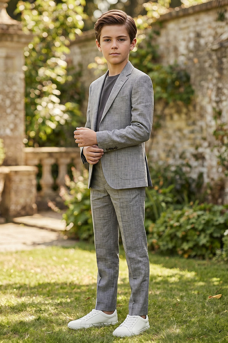 Boys Grey Linen-Blend 2-Piece Suit for Casual Formal Events & Weddings