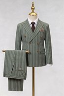 Olive Green Striped Double-Breasted 2-Piece Suit