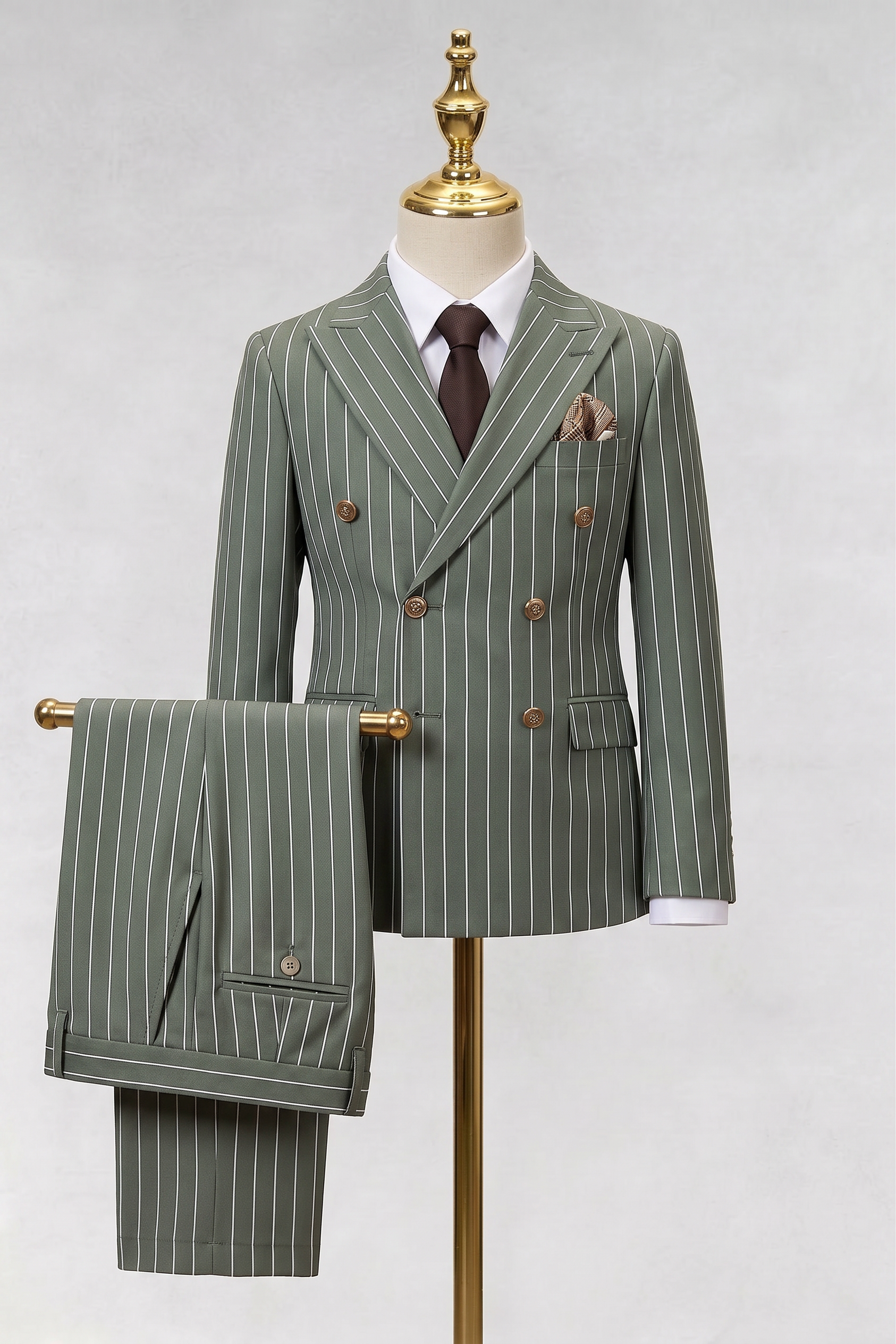 Olive Green Striped Double-Breasted 2-Piece Suit