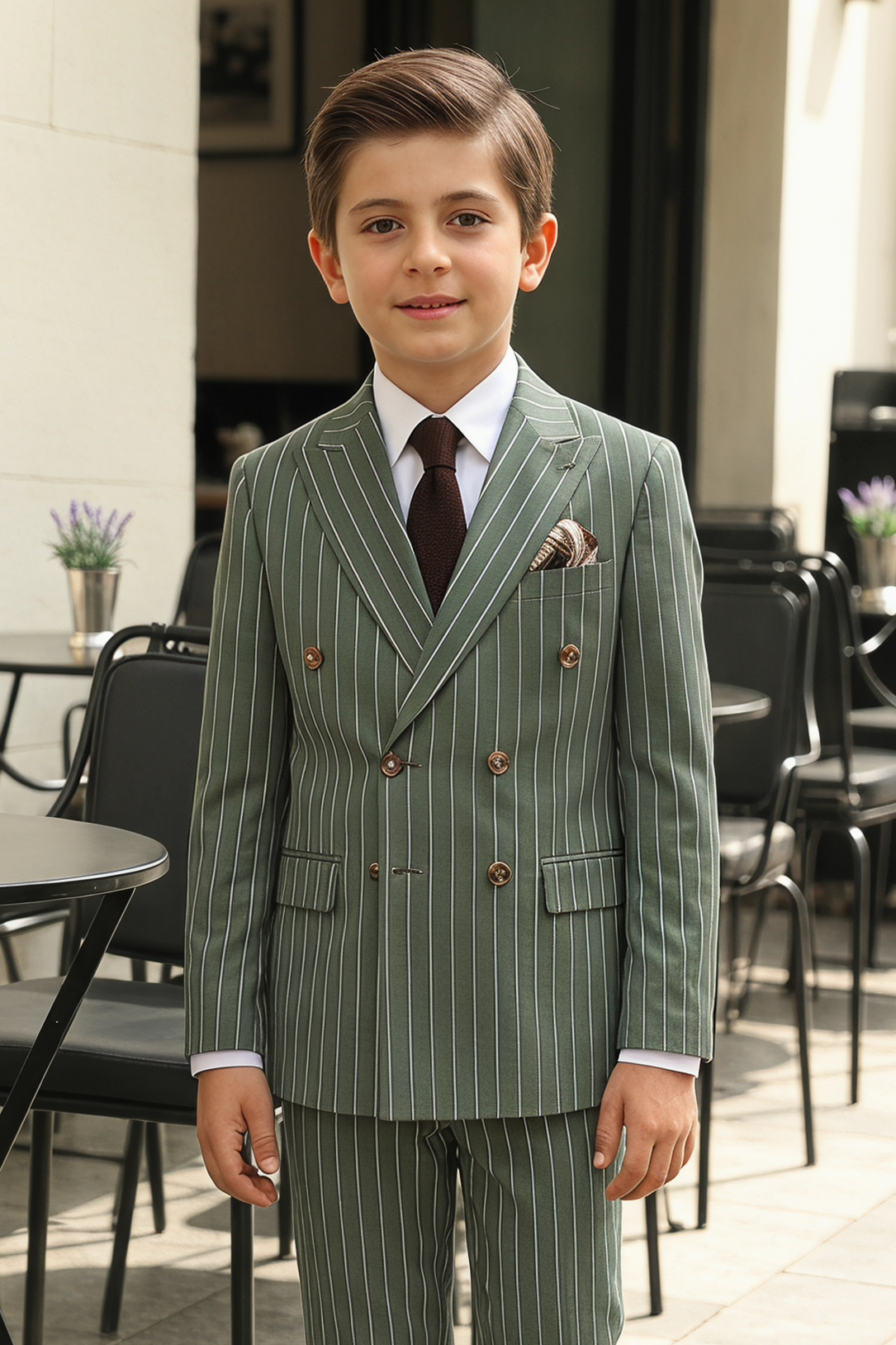 Olive Green Striped Double-Breasted 2-Piece Suit