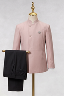 Pink And Black Cotton Linen Round Neck 2-Piece Suit