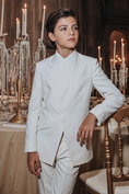 Load image into Gallery viewer, White Crew Neck Serge Concealed Buttons 2-Piece Suit
