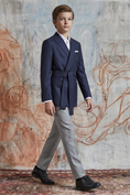 Charger l'image dans la visionneuse de la galerie, Navy Blue And Gray Cotton Linen Belted 2-Piece Suit
